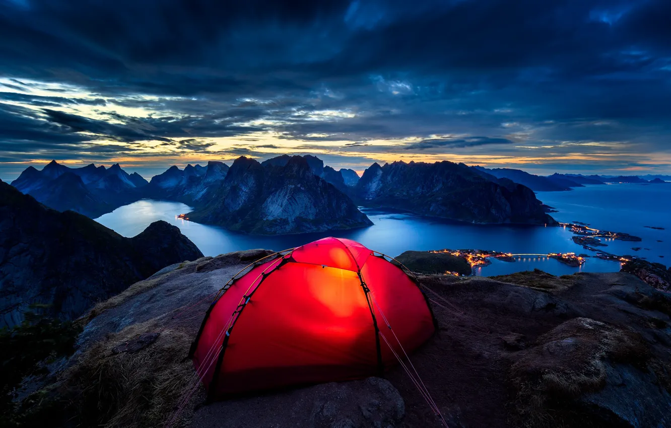 Фото обои облака, вечер, Норвегия, палатка, Lofoten