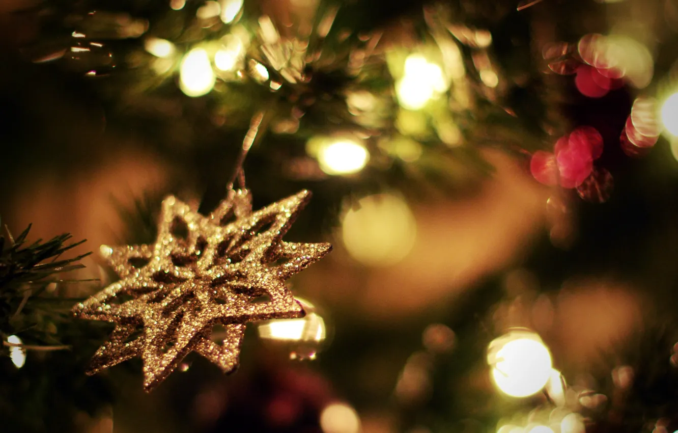 Фото обои огни, настроение, праздник, игрушки, елка, новый год
