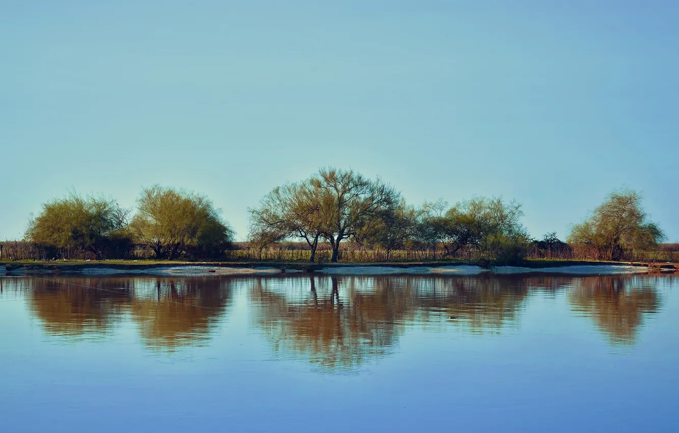 Фото обои деревья, отражение, река, неба
