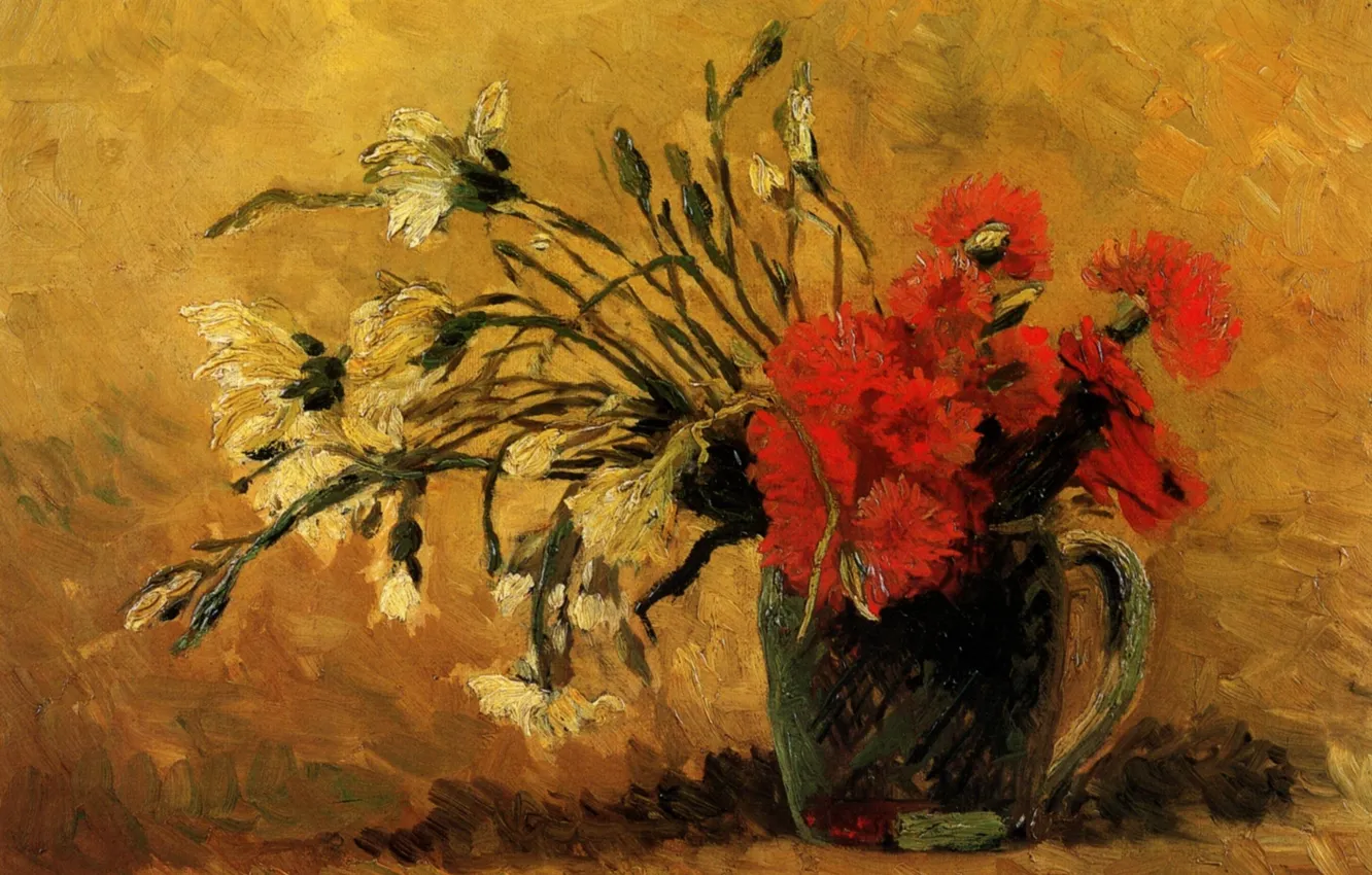 Фото обои цветы, картина, красные, ваза, гвоздики, гог, винсент, ван