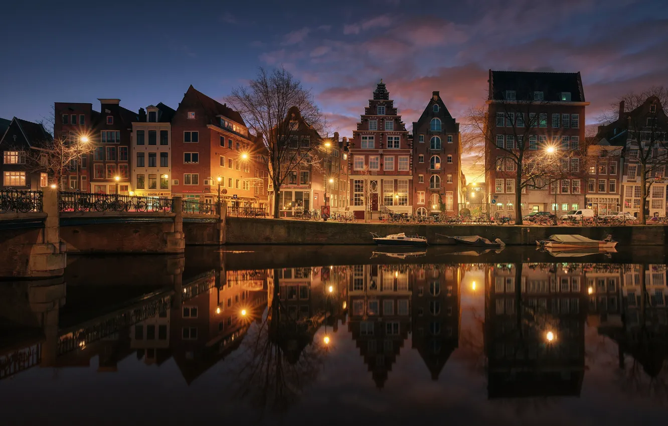 Фото обои город, дома, Амстердам, канал, Нидерланды, сввет