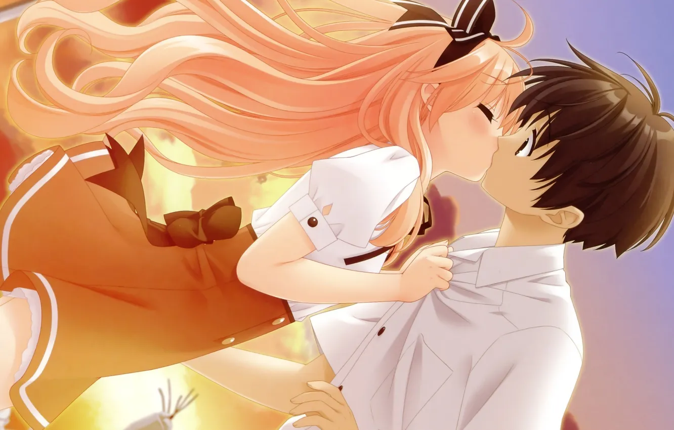 Фото обои поцелуй, аниме, арт, девочка, парень
