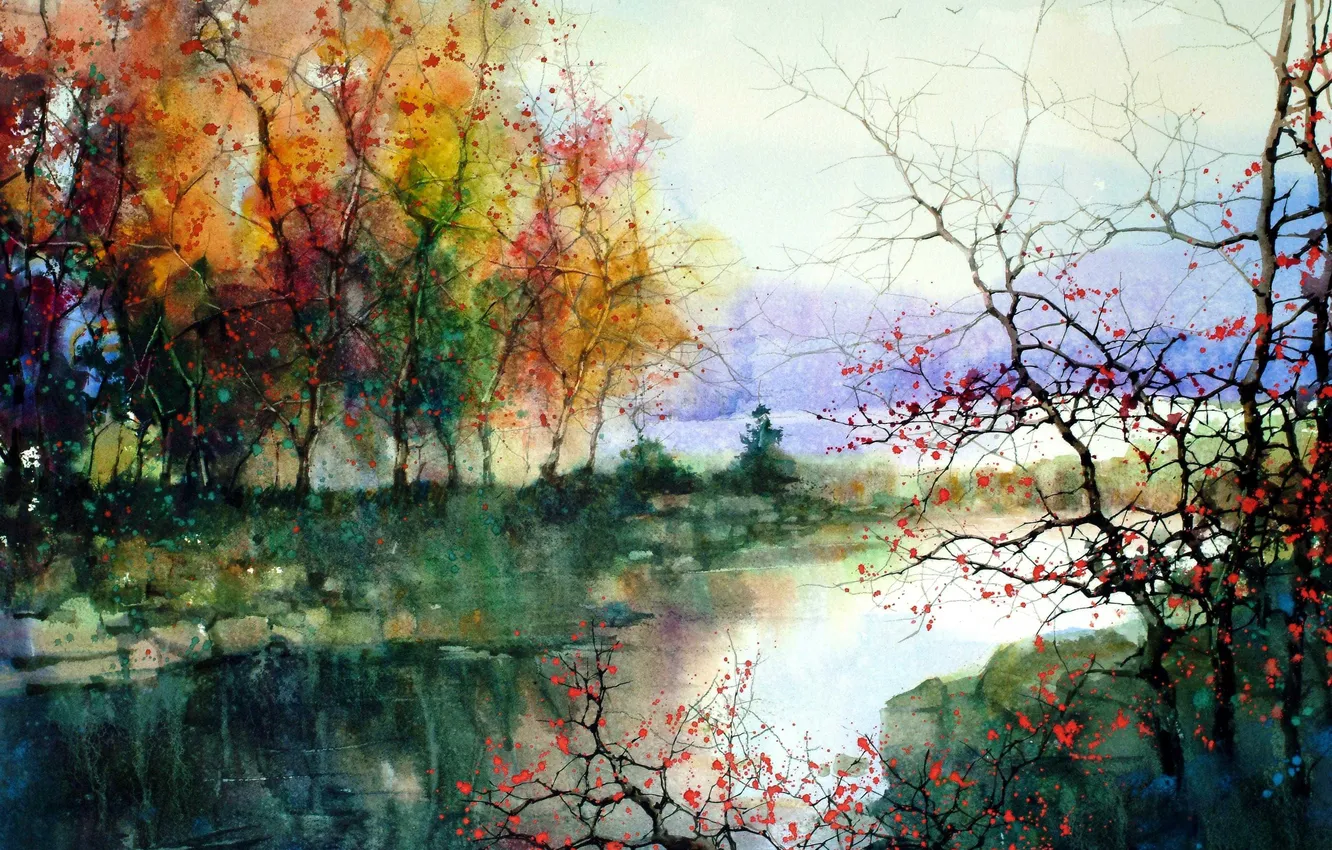Фото обои деревья, пейзаж, река, картина, ZL Feng