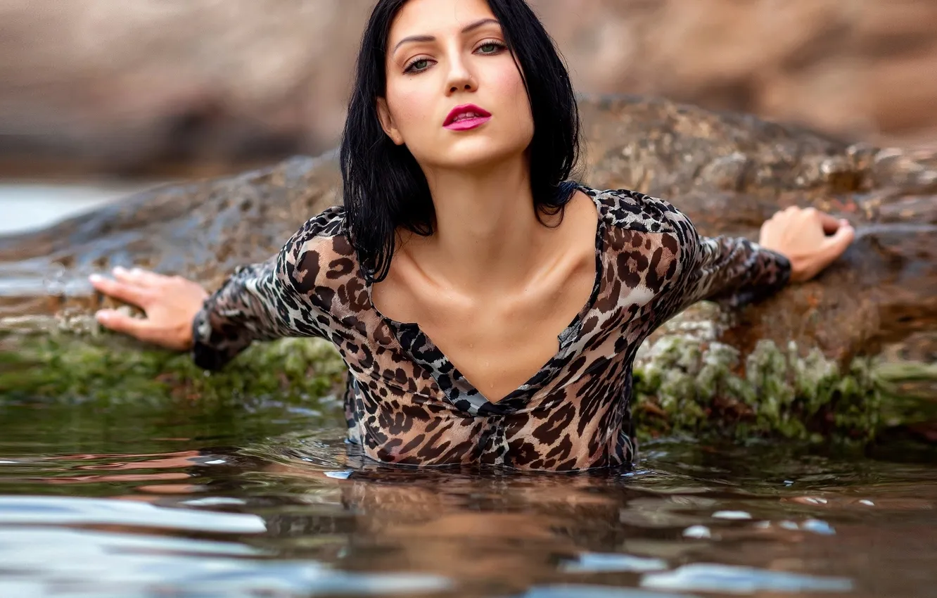 Фото обои взгляд, вода, девушка, поза, камень, руки, брюнетка, блузка