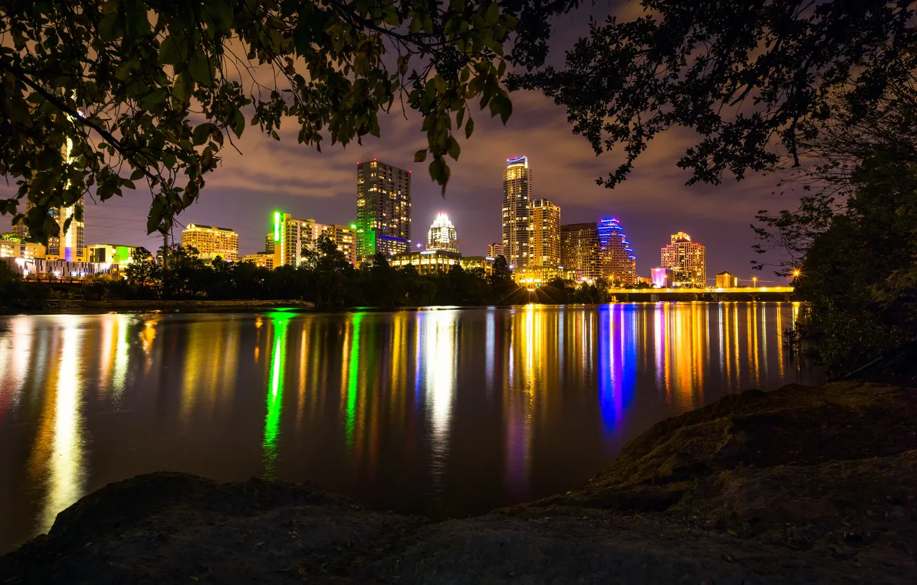 Фото обои ночь, город, река, фото, небоскребы, США, Austin, Техас