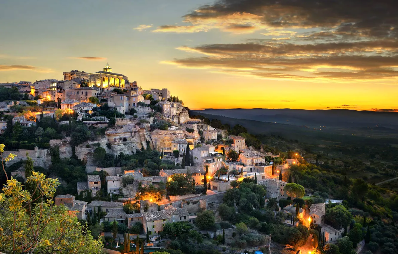 Фото обои горы, огни, Франция, дома, склон, гордая, Прованс-Альпы-Лазурный берег