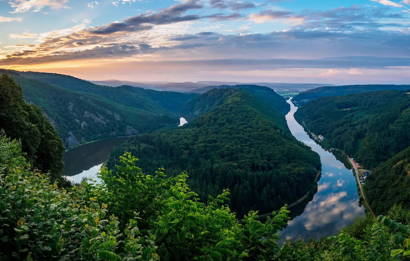 Фото обои лес, небо, природа, река, вид, Германия