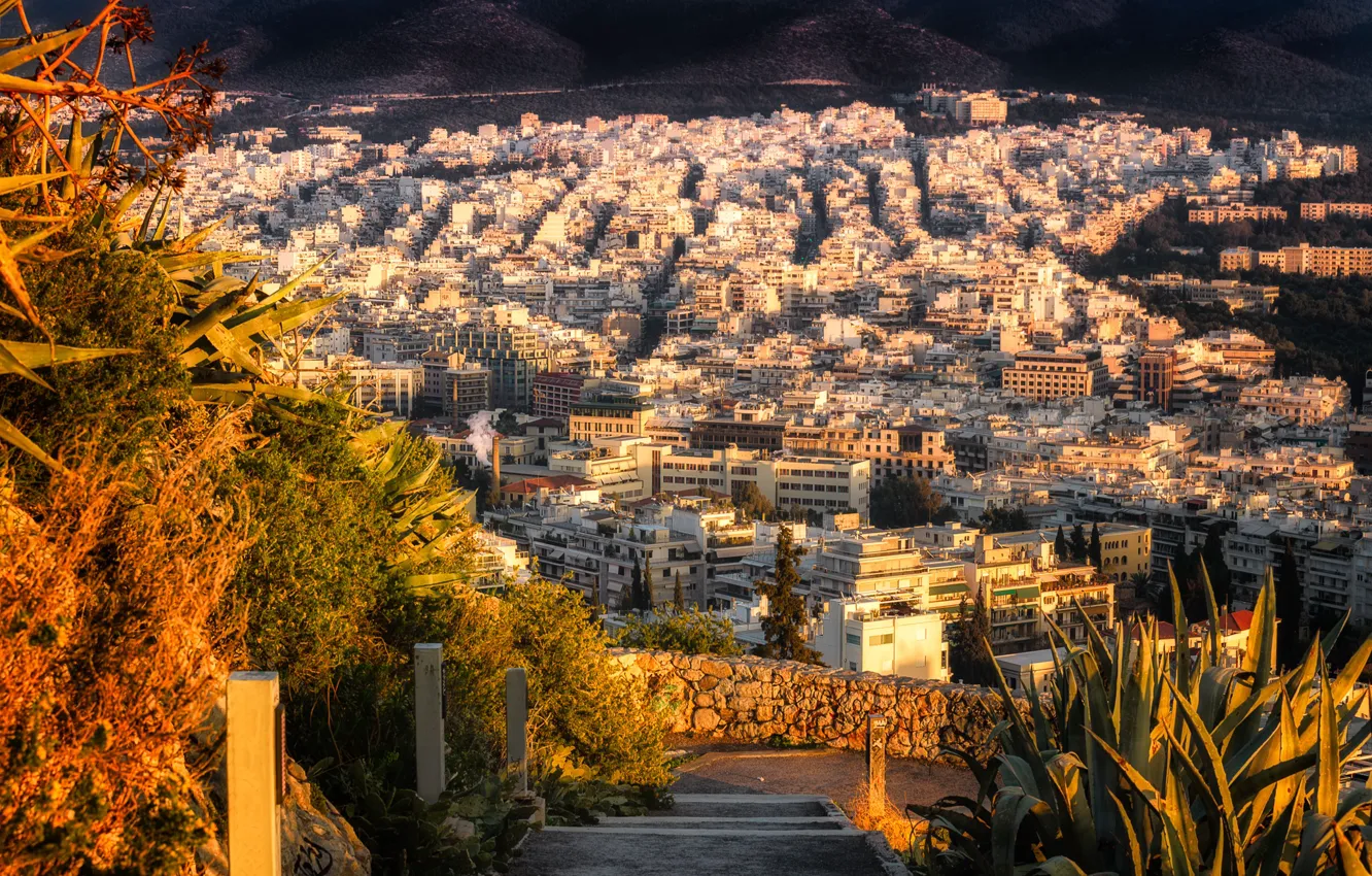 Фото обои осень, солнце, дома, Греция, панорама, вид сверху, Athens