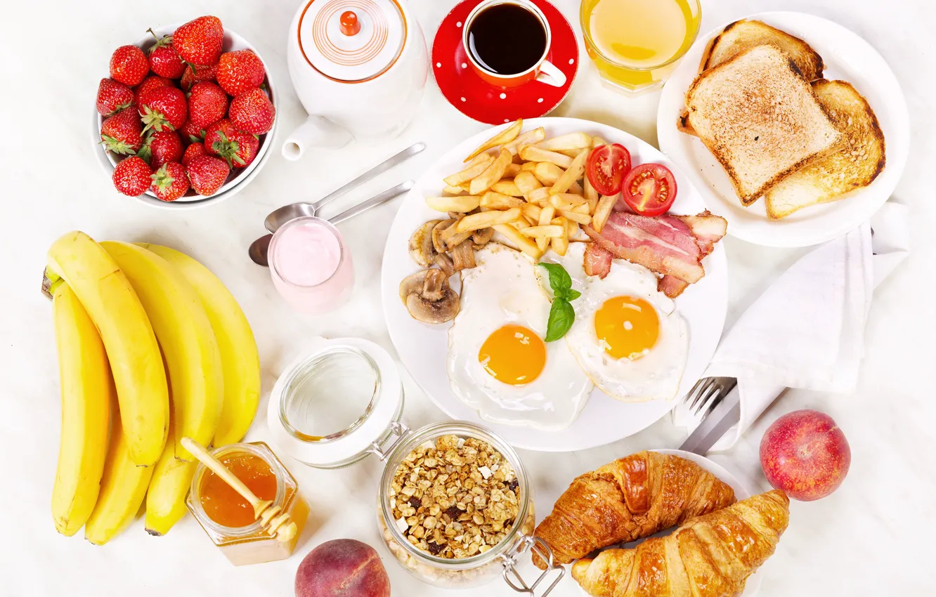 Фото обои кофе, завтрак, клубника, сок, бананы, juice, honey, яичница