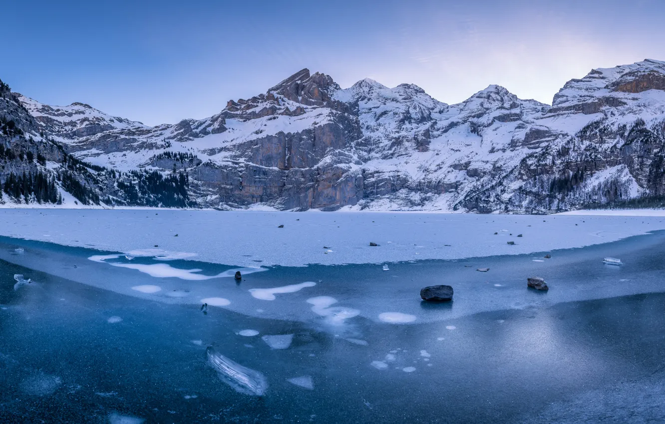 Фото обои зима, горы, лёд, Швейцария, Switzerland, Bernese Alps, Бернские Альпы, Oeschinen Lake