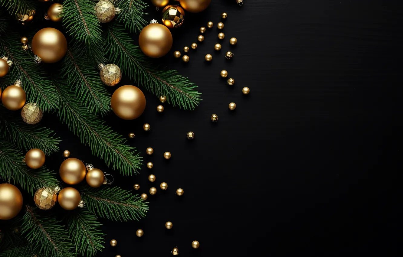 Фото обои украшения, темный фон, шары, новый год, Рождество, golden, black, Christmas