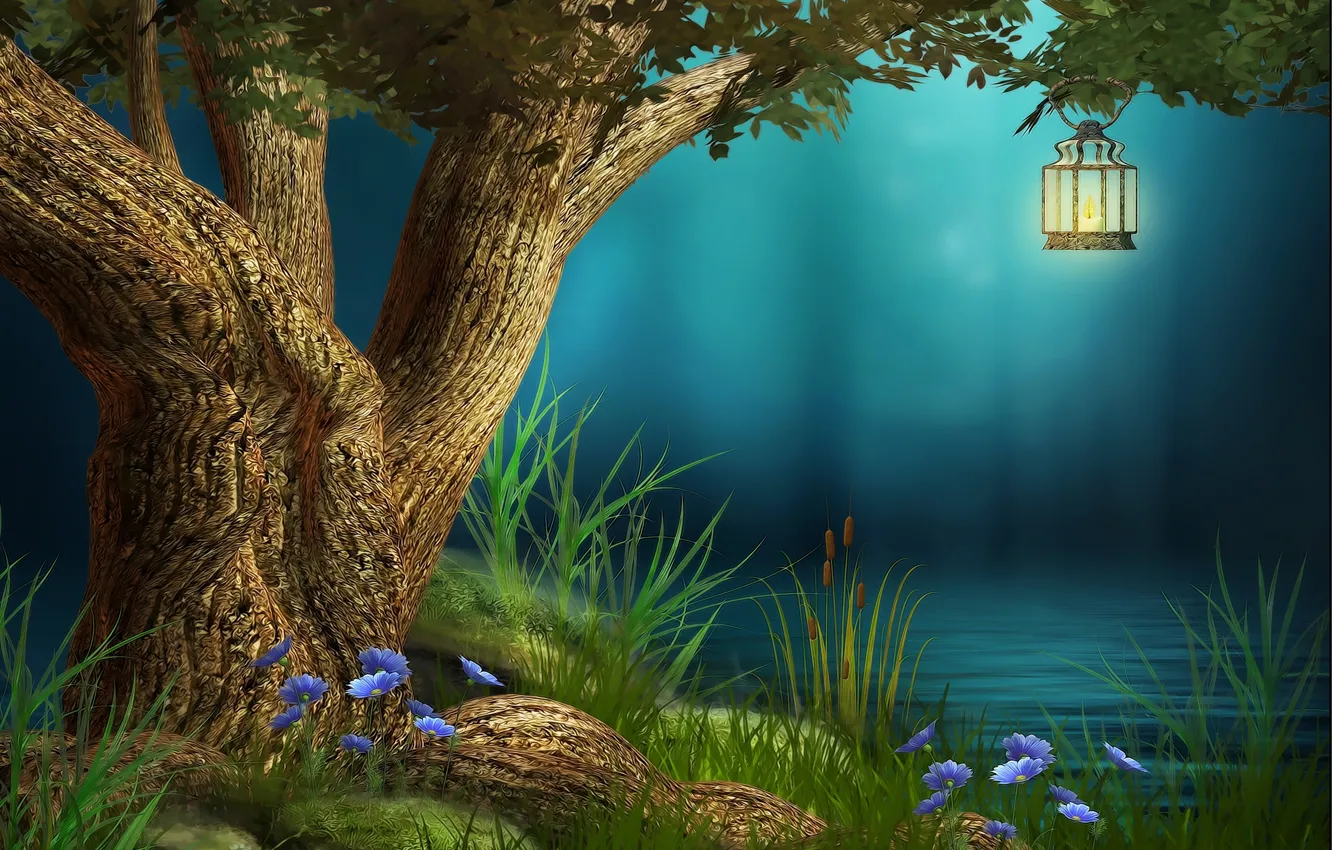 Фото обои цветы, река, дерево, вечер, фонарь