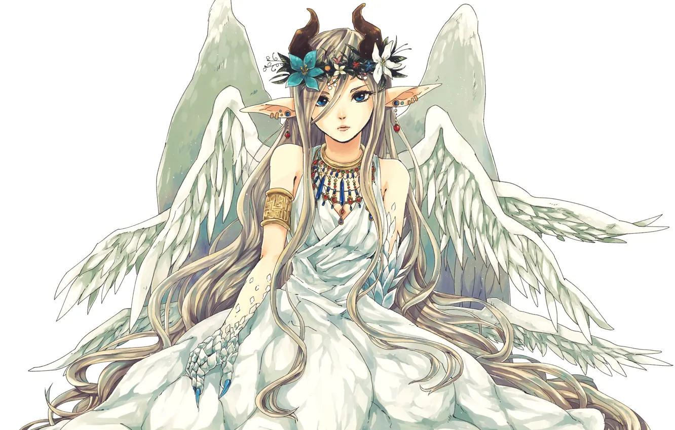 Фото обои girl, fantasy, horns, dress, anime, wings, blue eyes, Angel