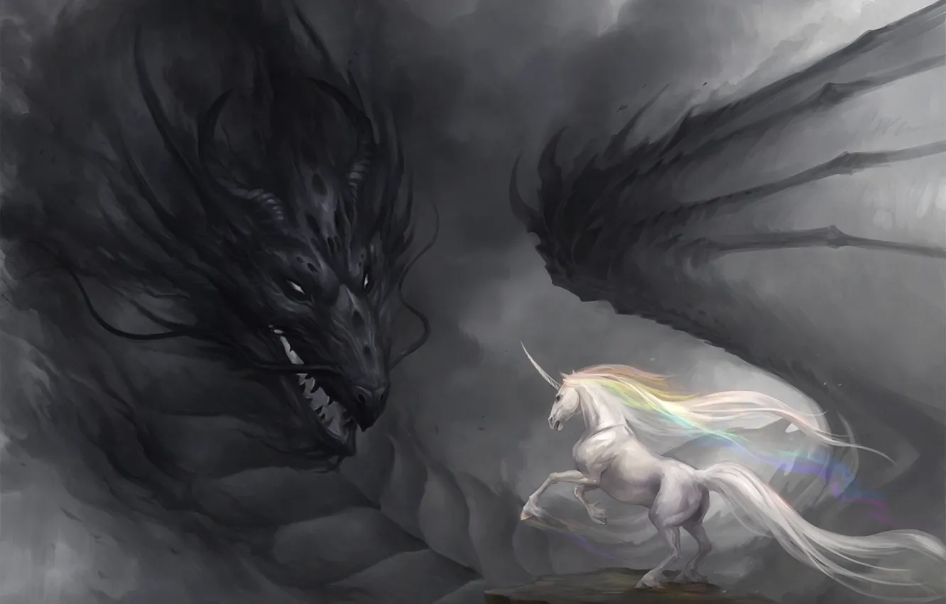 Фото обои дракон, радуга, арт, единорог, мрачность, sandara