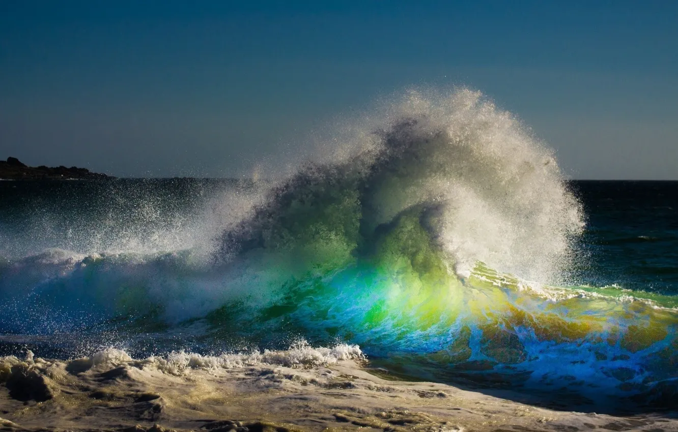 Фото обои волна, брызги воды, берег океана