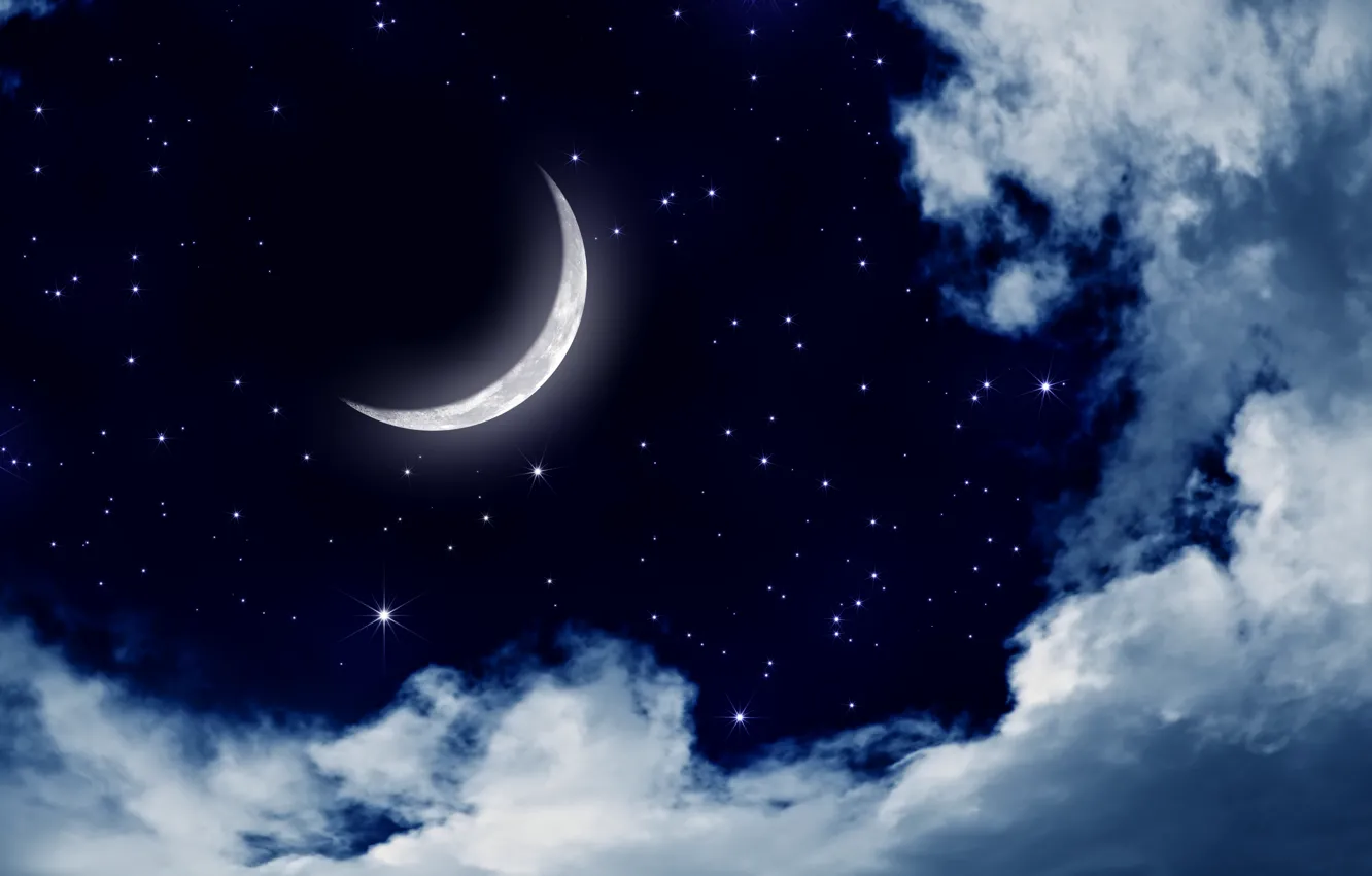 Фото обои небо, звезды, облака, пейзаж, ночь, природа, луна, moon