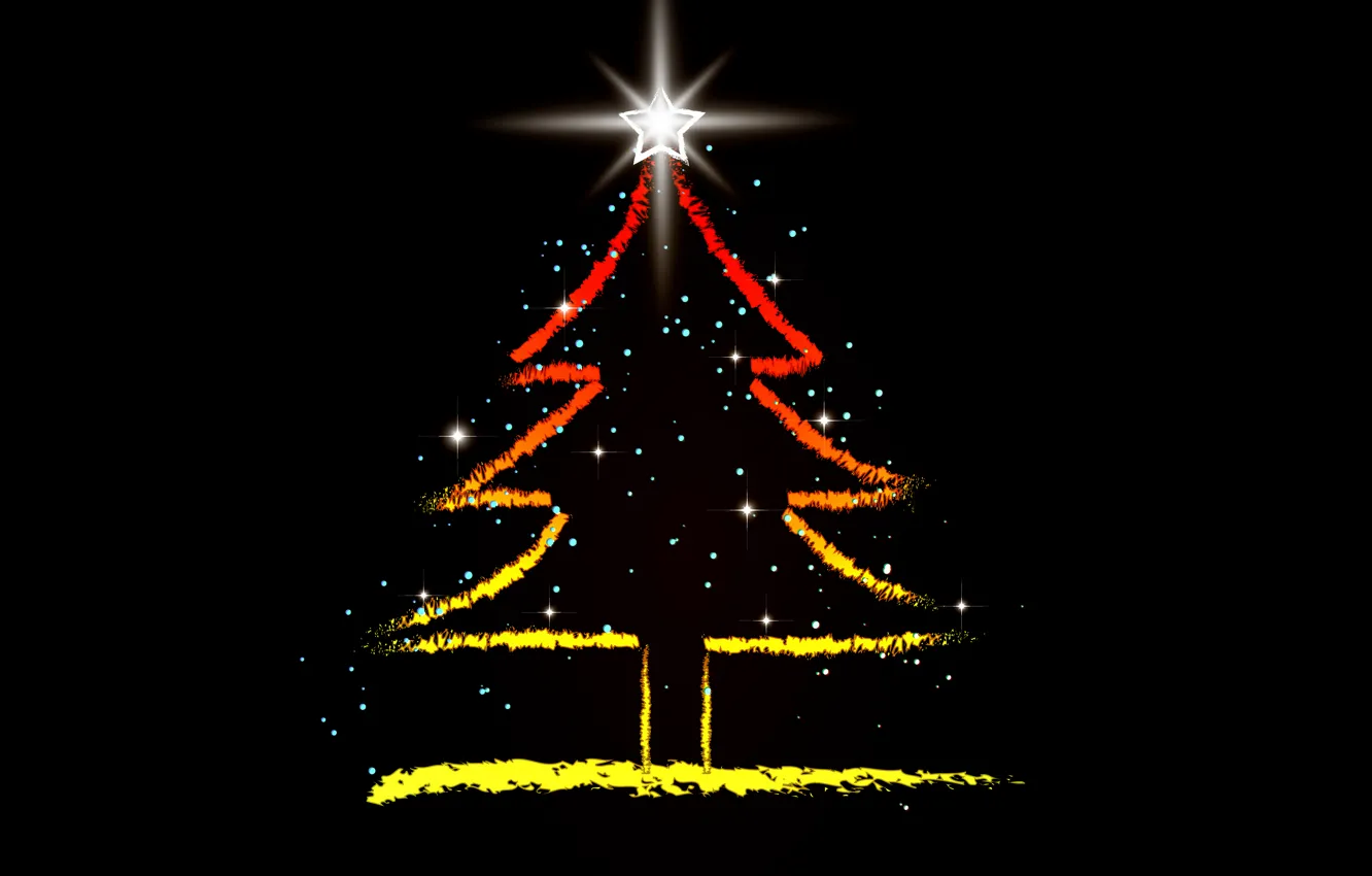 Фото обои сияние, праздник, графика, звезда, елка, новый год, ёлка, черный фон