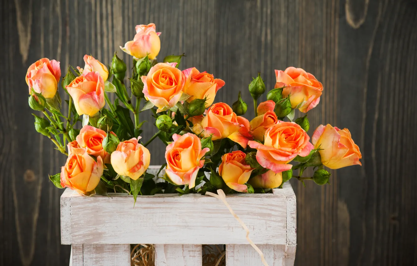Фото обои розы, букет, ящик, оранжевые, IRINA BORT