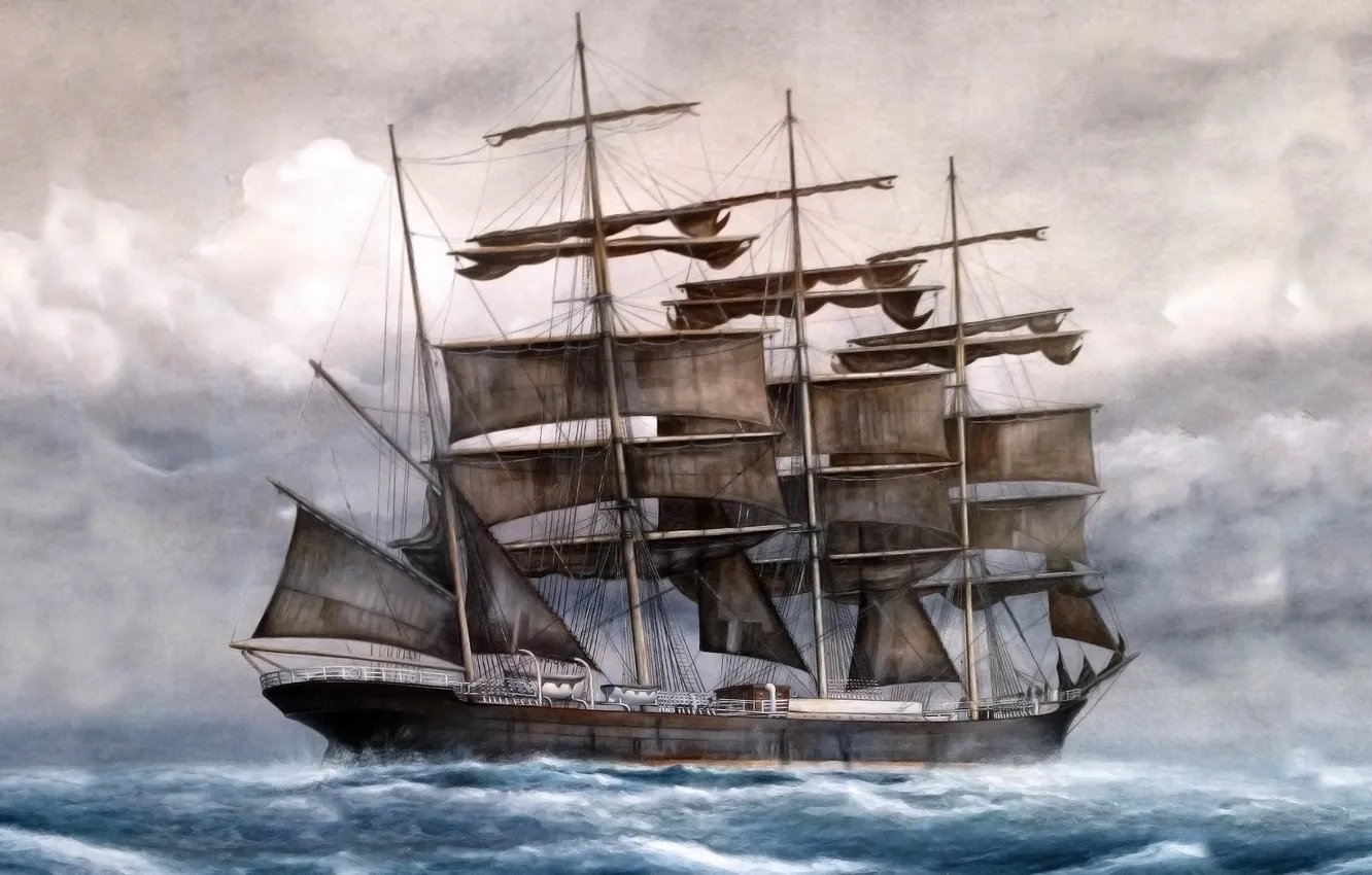 Фото обои Море, Рисунок, Корабль, Паруса, Живопись, Черные, Барк, Вид с боку