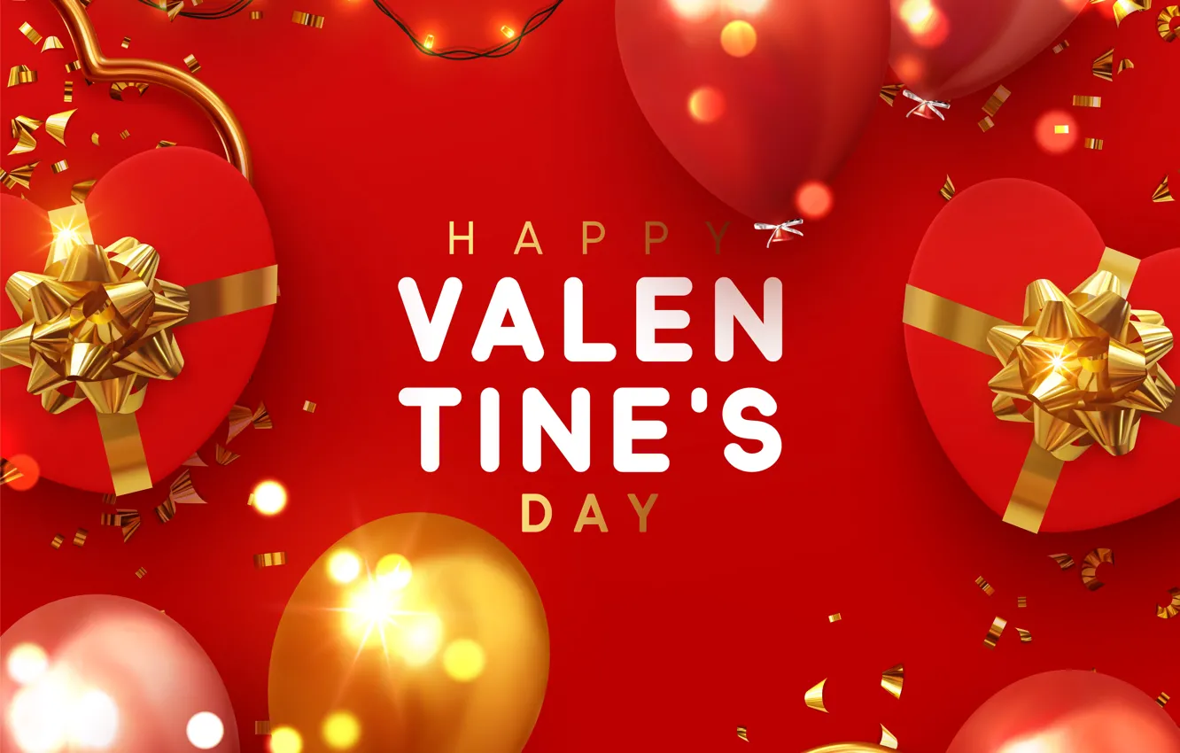 Фото обои шарики, красный, фон, надпись, подарки, сердечки, открытка, Valentines Day
