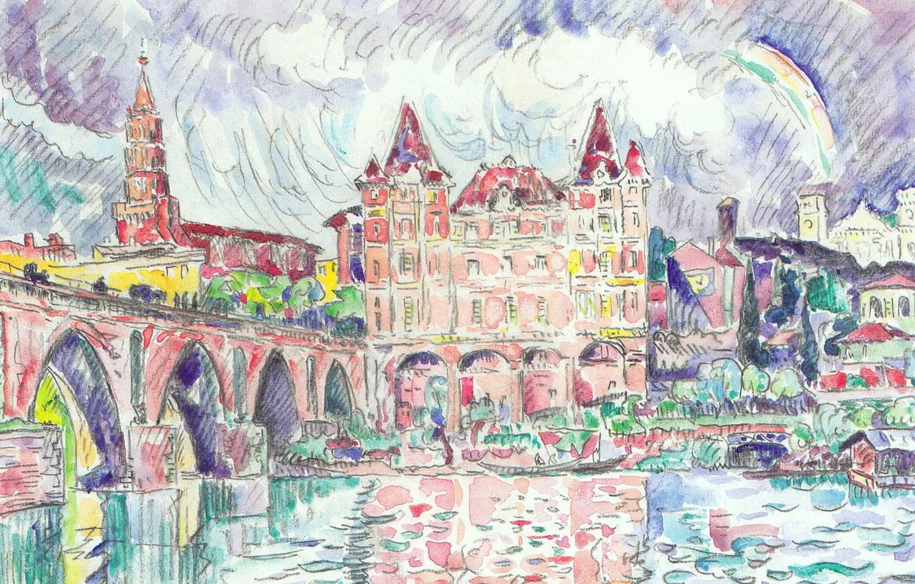 Фото обои мост, река, рисунок, дома, акварель, городской пейзаж, Поль Синьяк, Вид на Монтобан под Дождем