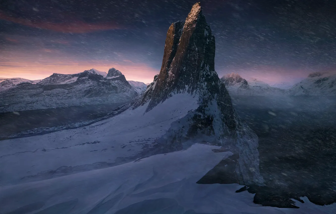 Фото обои снег, горы, природа, скала, фьорд