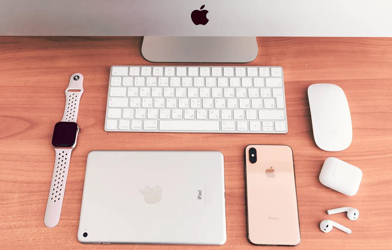 Фото обои компьютер, apple, наушники, телефон, планшет