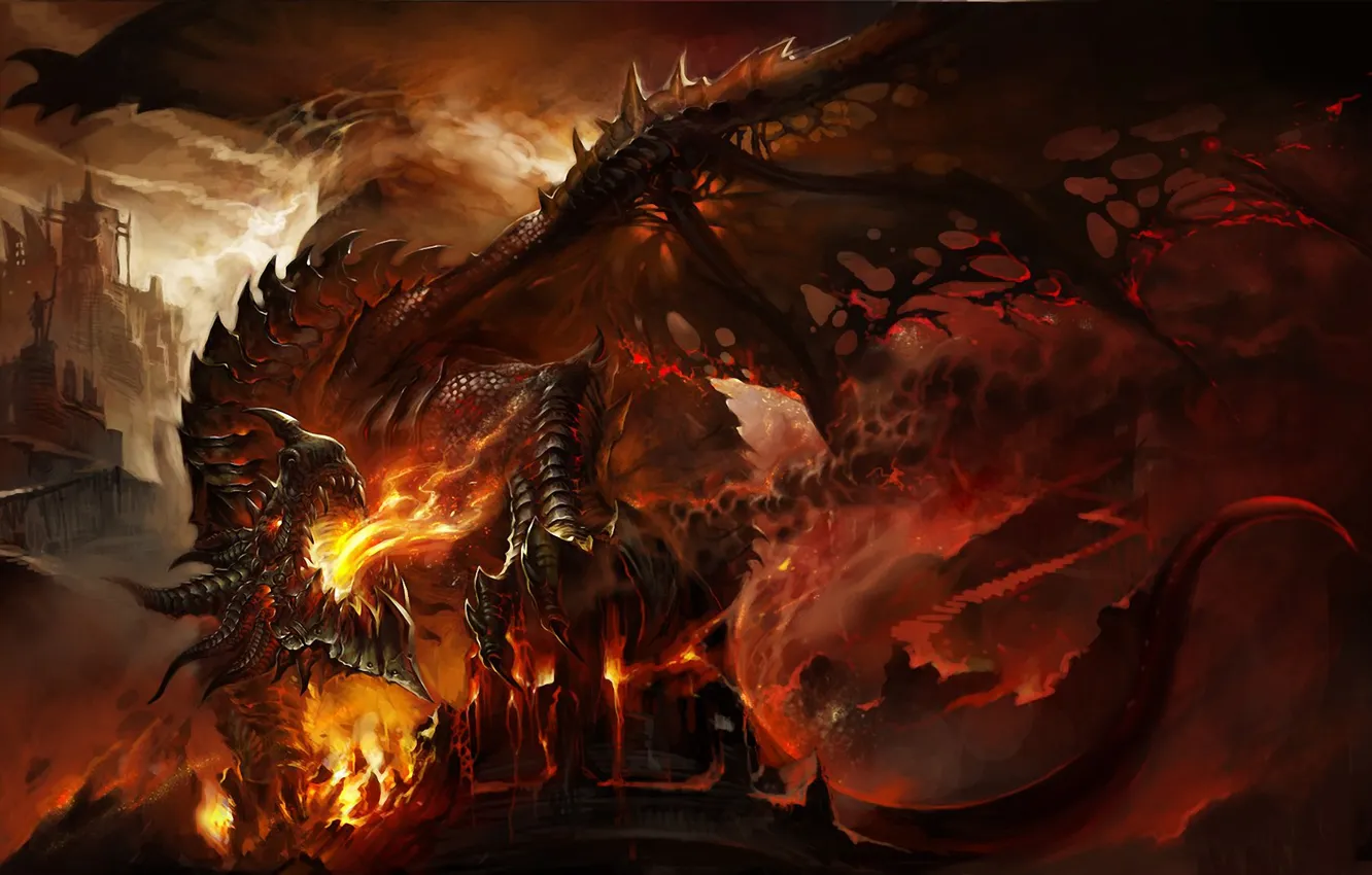Фото обои огонь, дракон, башня, арт, Dragon Age Inquisition