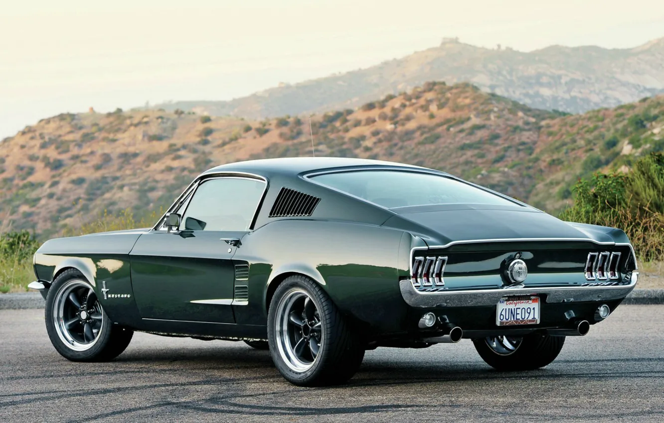 Фото обои Mustang, Ford, Дорога, Пустыня, Холмы, 1967, Fastback