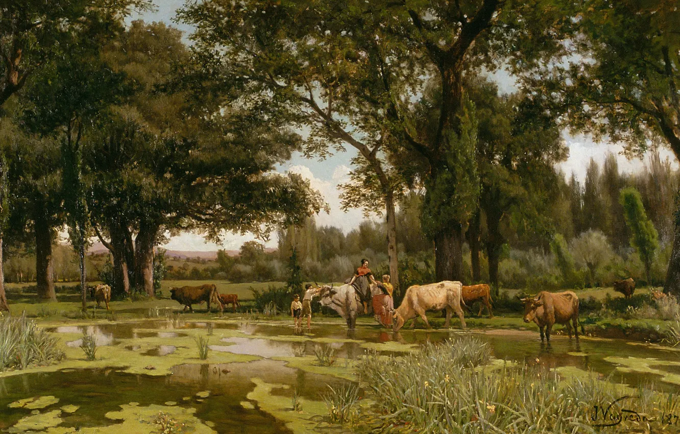 Фото обои деревья, пейзаж, дети, пруд, картина, коровы, Summer Bloom, Joaquim Vayreda