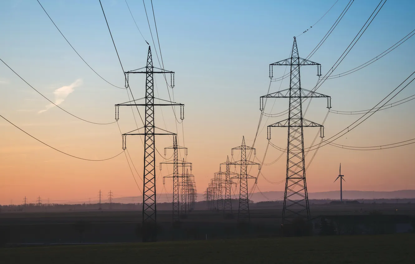 Фото обои поле, закат, лэп