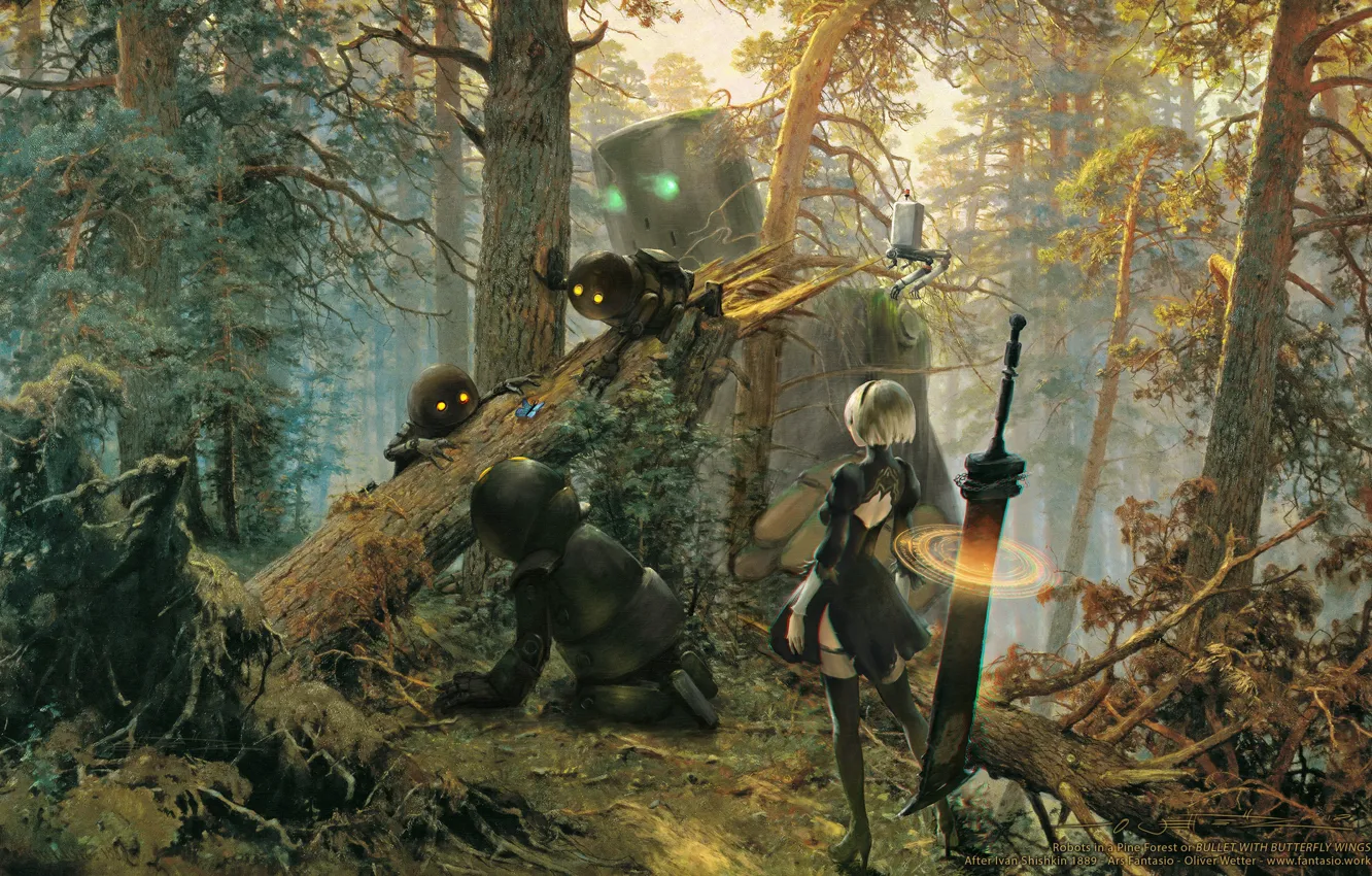 Фото обои лес, девушка, киборг, art, nier, automata, YoRHa No.2 Type B
