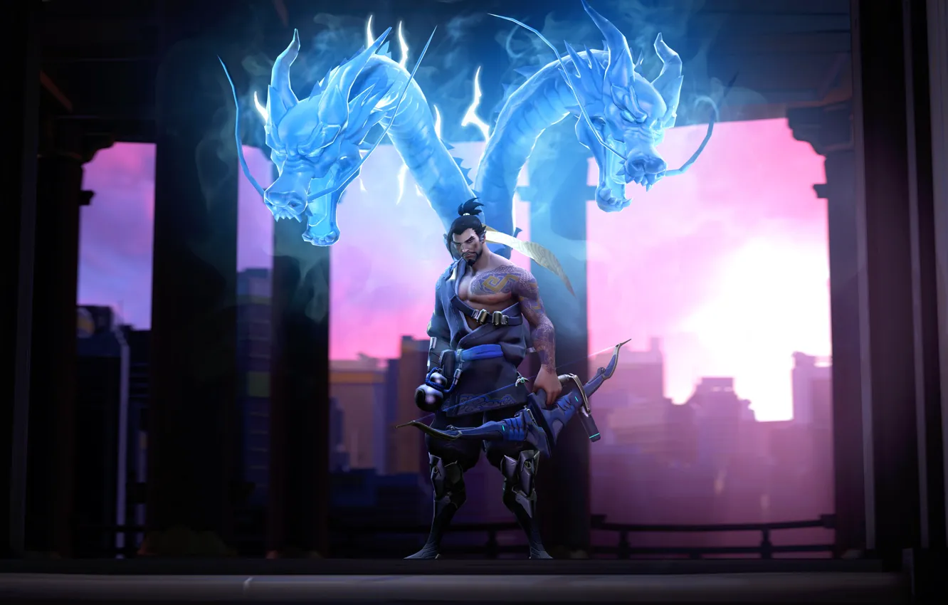 Фото обои лук, лучник, dragon, overwatch, hanzo, Hanzo Shimada