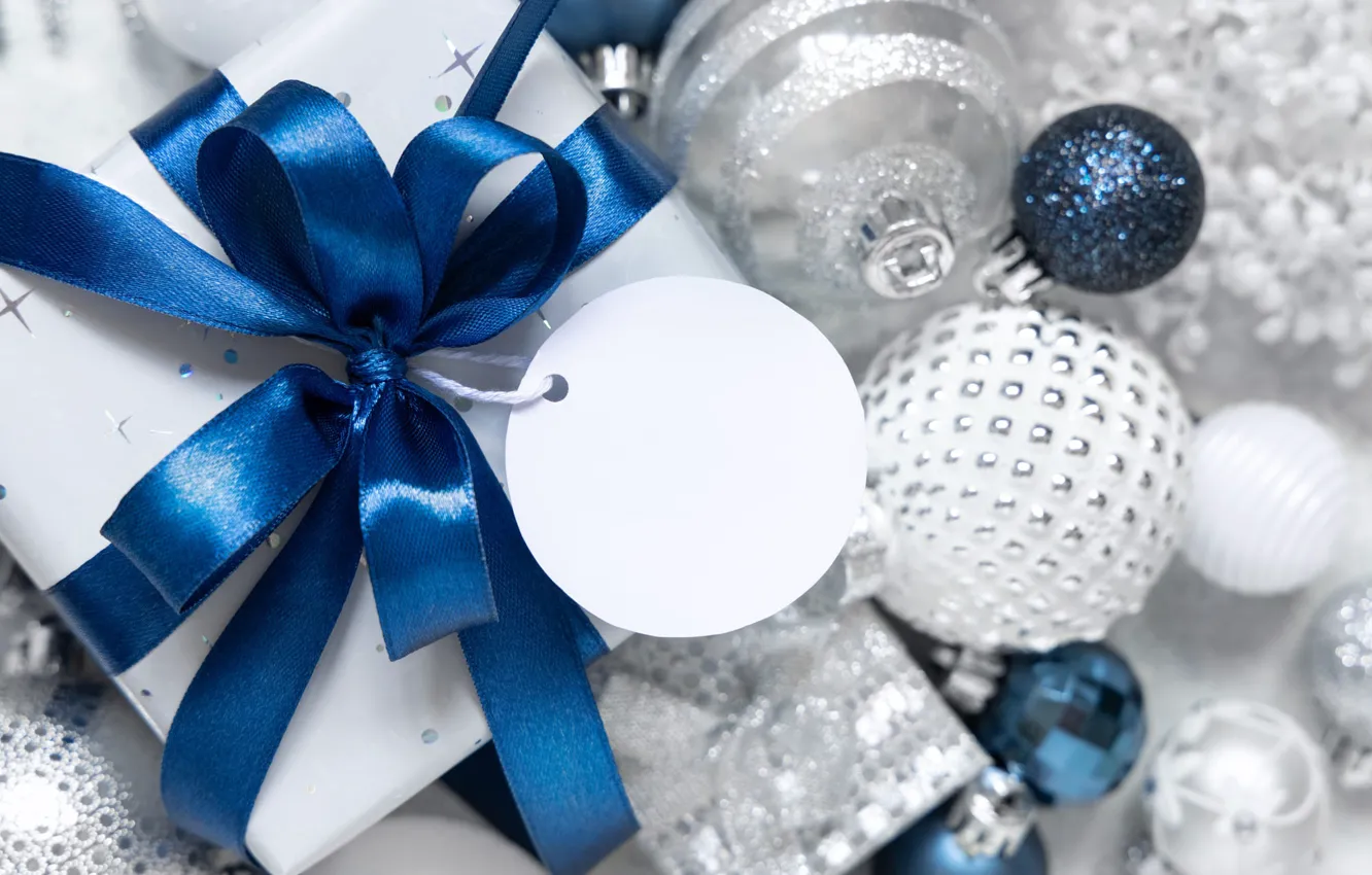 Фото обои шарики, украшения, синий, праздник, коробка, подарок, блеск, Рождество
