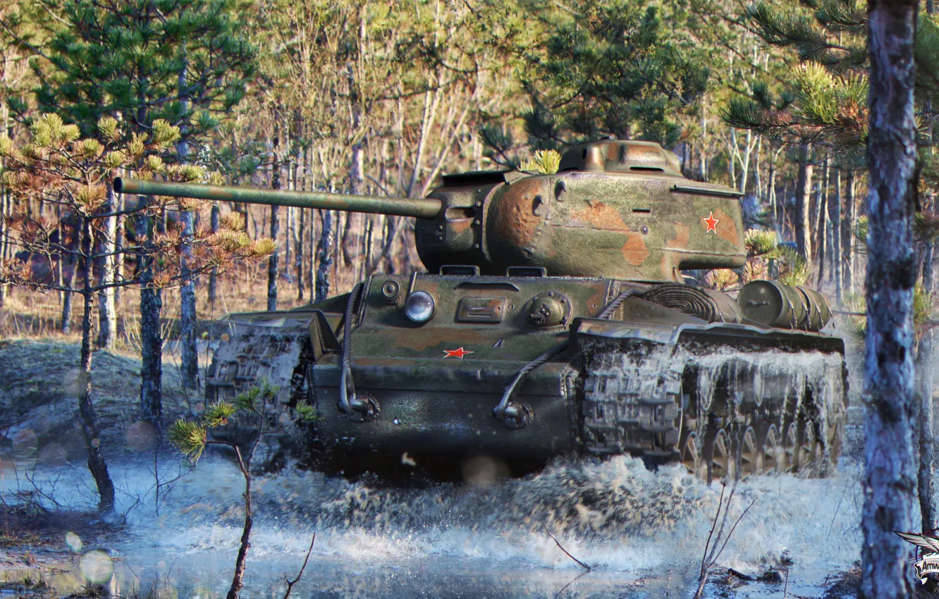Фото обои лес, болото, СССР, тайга, советский, тяжелый танк, World of Tanks, Клим Ворошилов