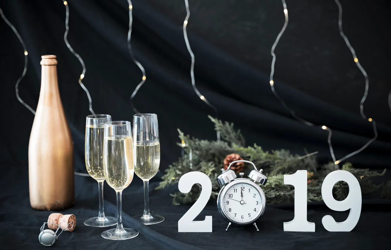 Фото обои праздник, часы, Новый Год, бокалы, Winter, декор, New year, Celebration
