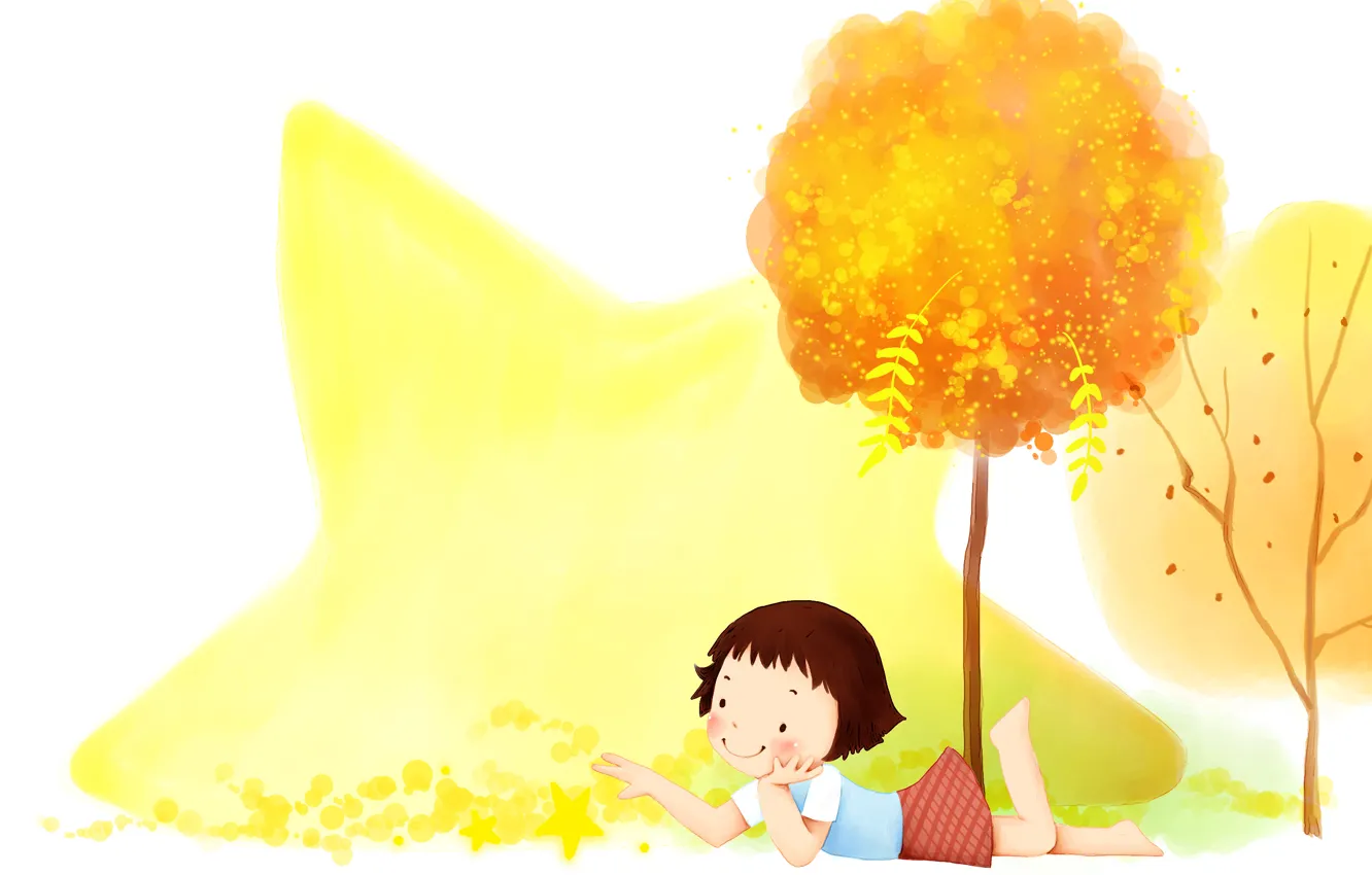 Фото обои осень, деревья, улыбка, листва, звезда, девочка, детские обои