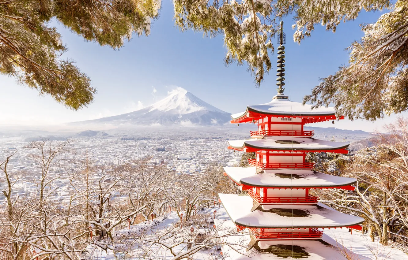 Фото обои зима, гора, Япония, пагода, Фудзияма