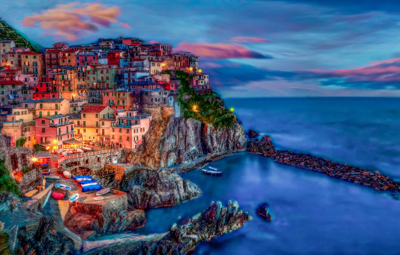 Фото обои море, скалы, побережье, здания, дома, Италия, Italy, Лигурийское море