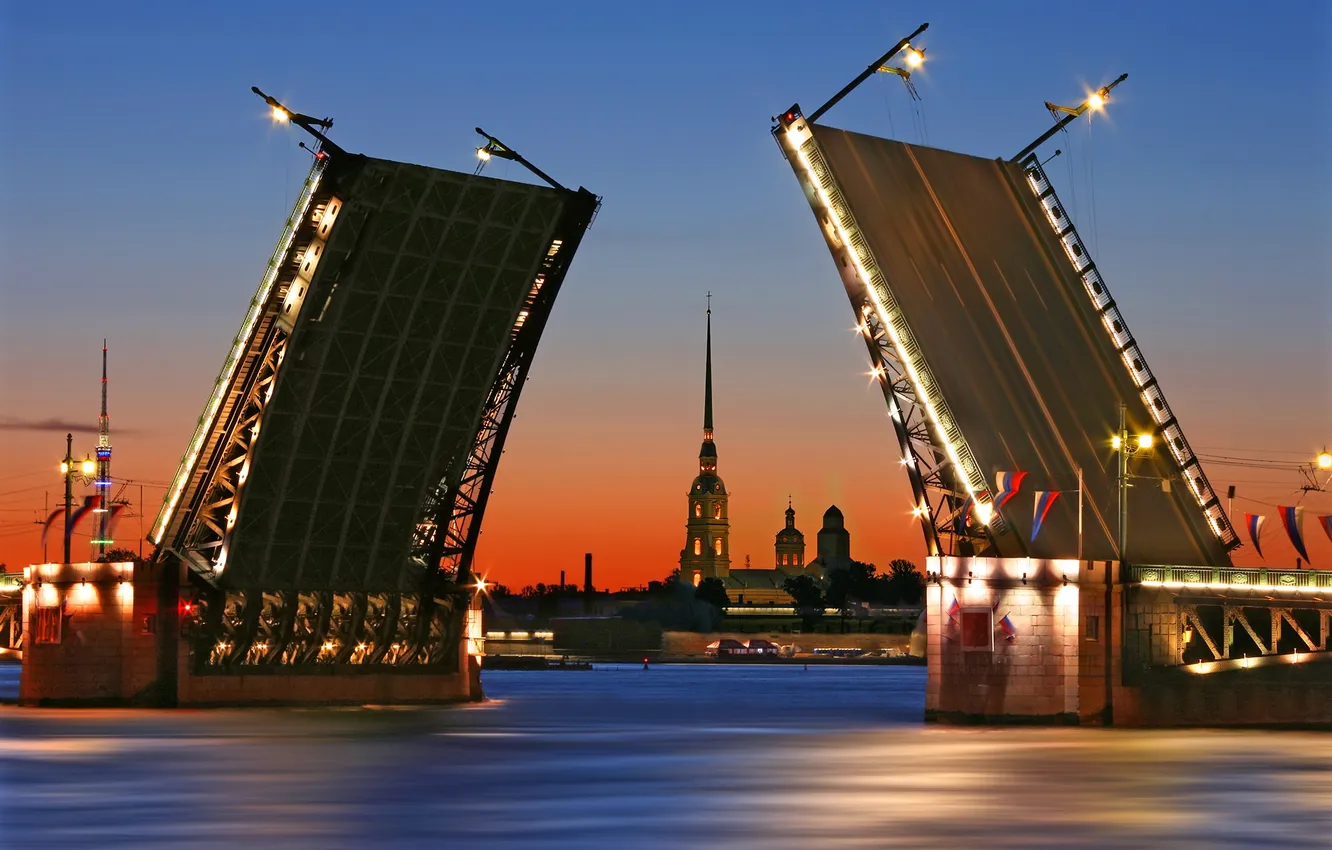 Фото обои ночь, мост, огни, россия, санкт петербург