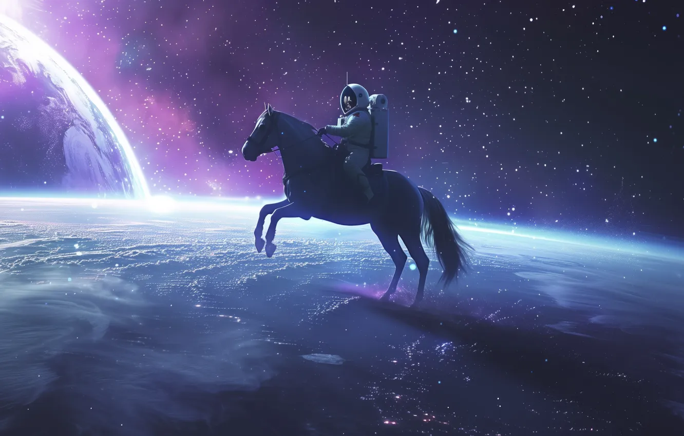 Фото обои space, horse, outer, spaceman, riding
