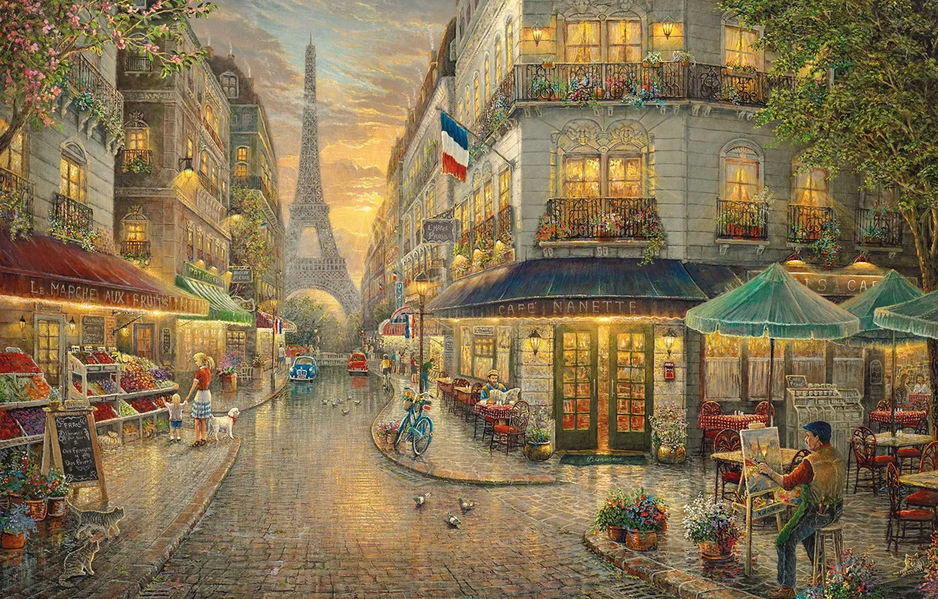 Фото обои cars, bike, trees, street, cats, dove, Eiffel Tower, Thomas Kinkade