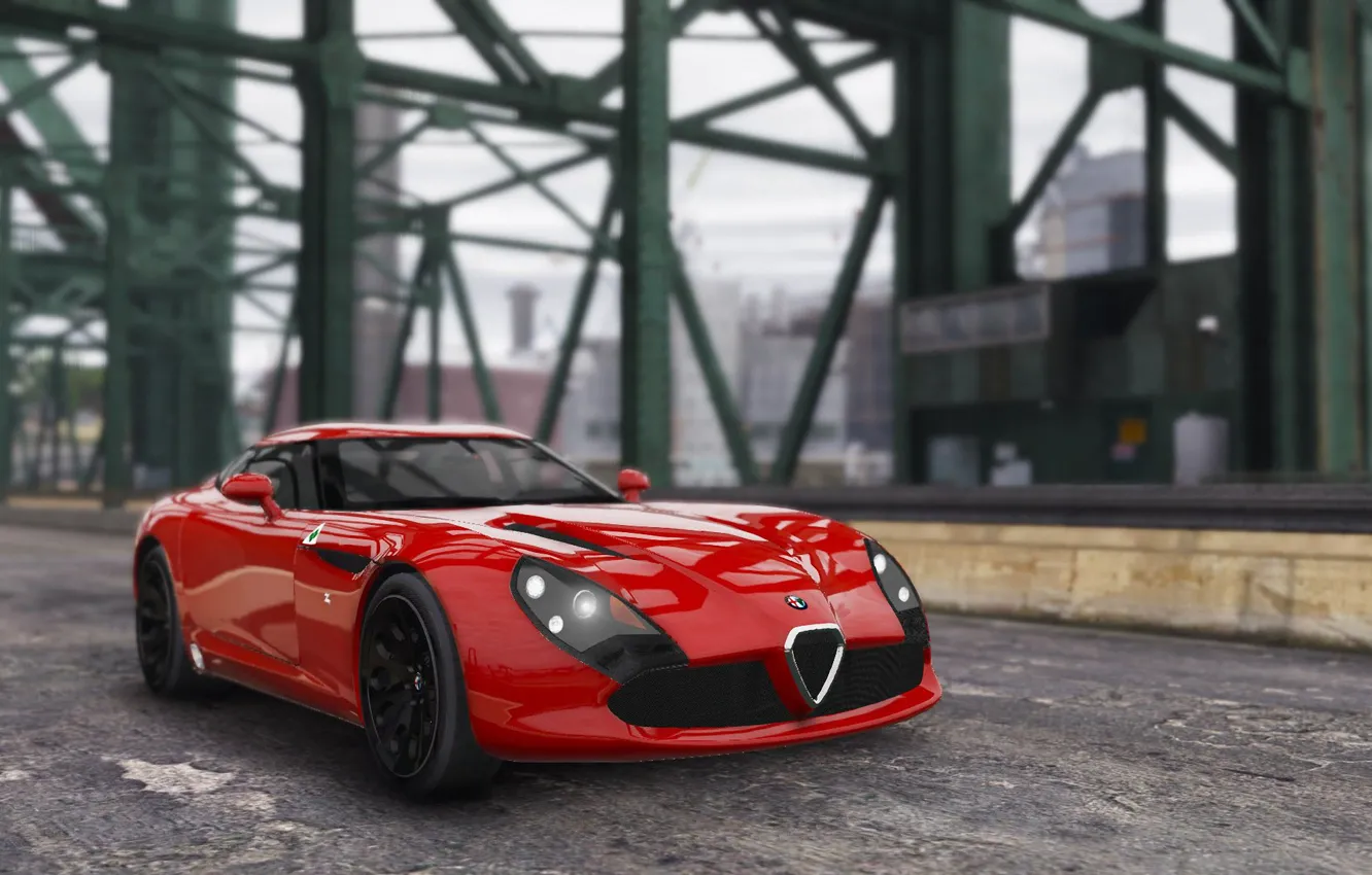 Фото обои красный, мост, Alfa Romeo, TZ3, GTA 5, Stradale