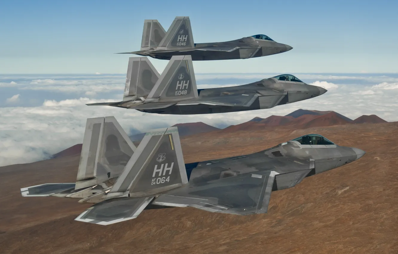 Фото обои полет, истребители, F-22, Raptor