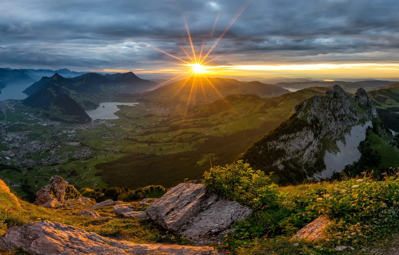 Фото обои солнце, деревья, пейзаж, горы, природа, Швейцария, Switzerland, Schwyz