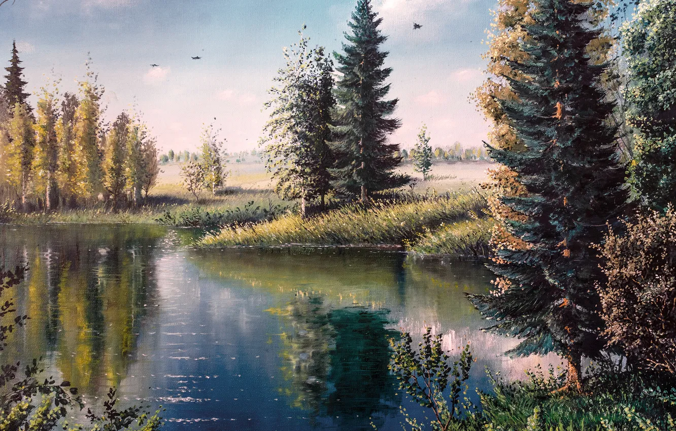 Фото обои лес, деревья, птицы, природа, озеро