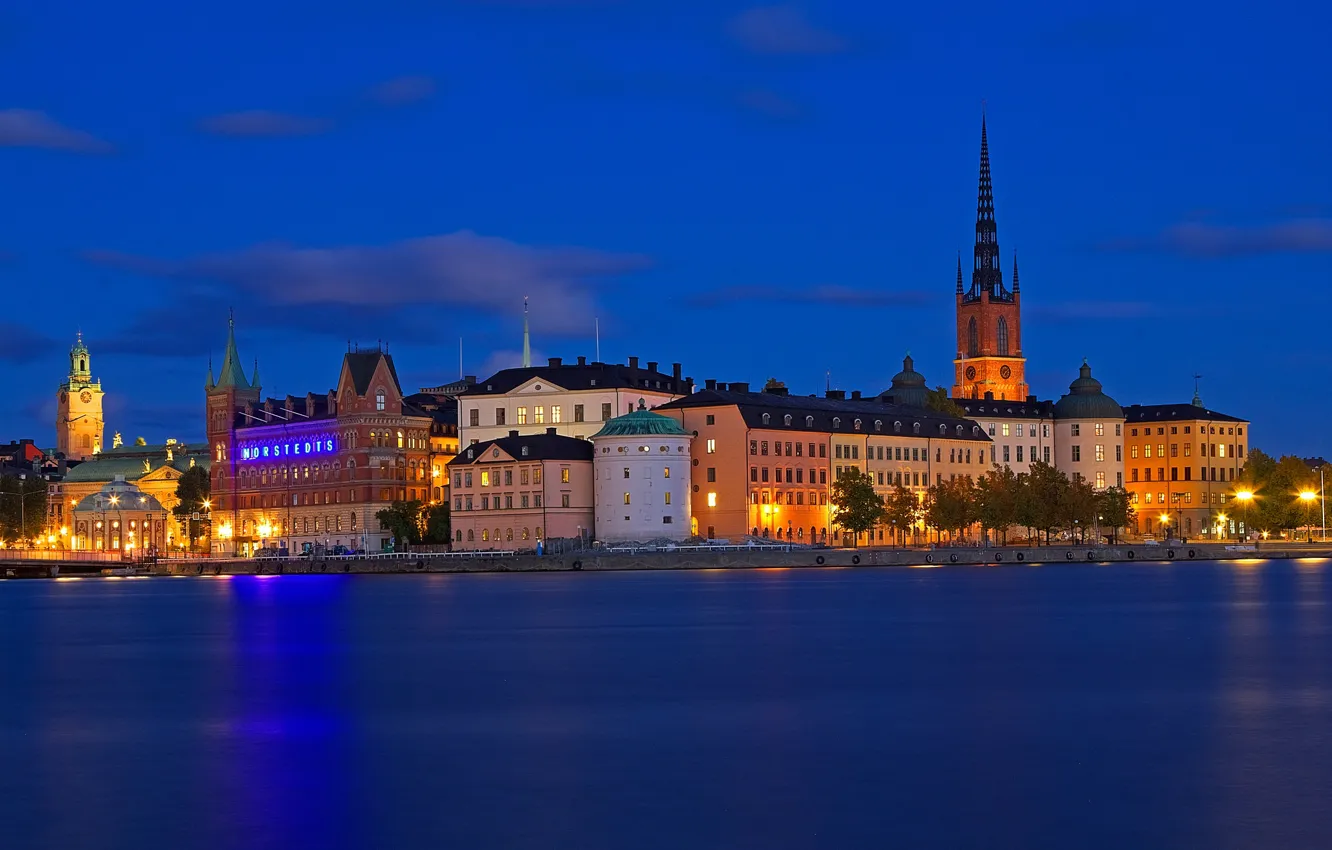 Фото обои море, ночь, огни, дома, Стокгольм, Швеция