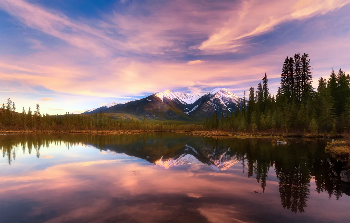 Фото обои Озеро, Канада, Альберта, Banff National Park, Alberta, Canada, Закат солнца, Sunset
