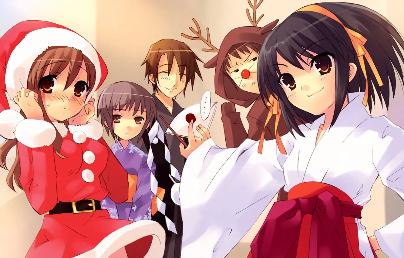 Фото обои улыбка, олень, Рождество, румянец, мех, друзья, рожки, Меланхолия Харухи Судзумии