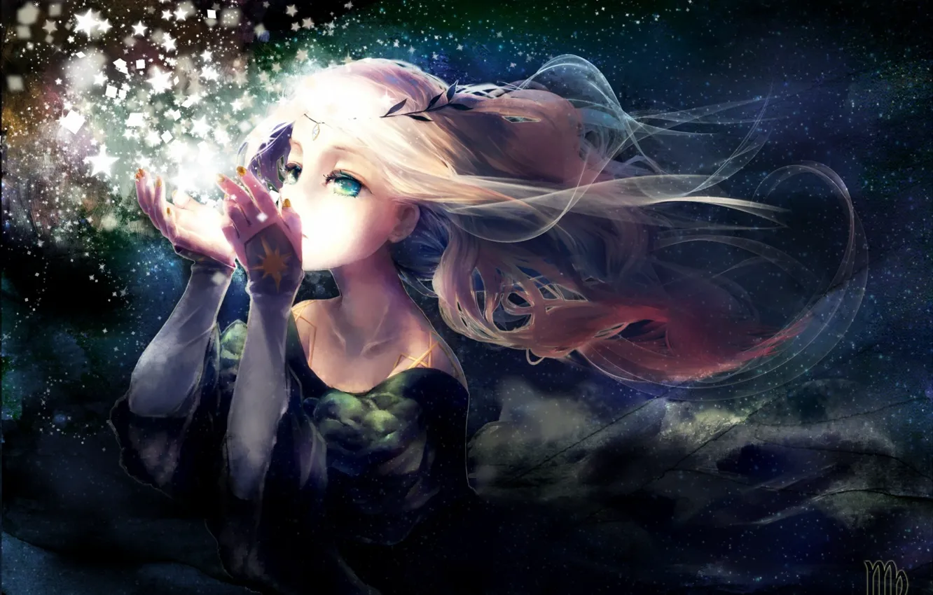 Фото обои небо, девушка, звезды, ночь, магия, аниме, арт, венок